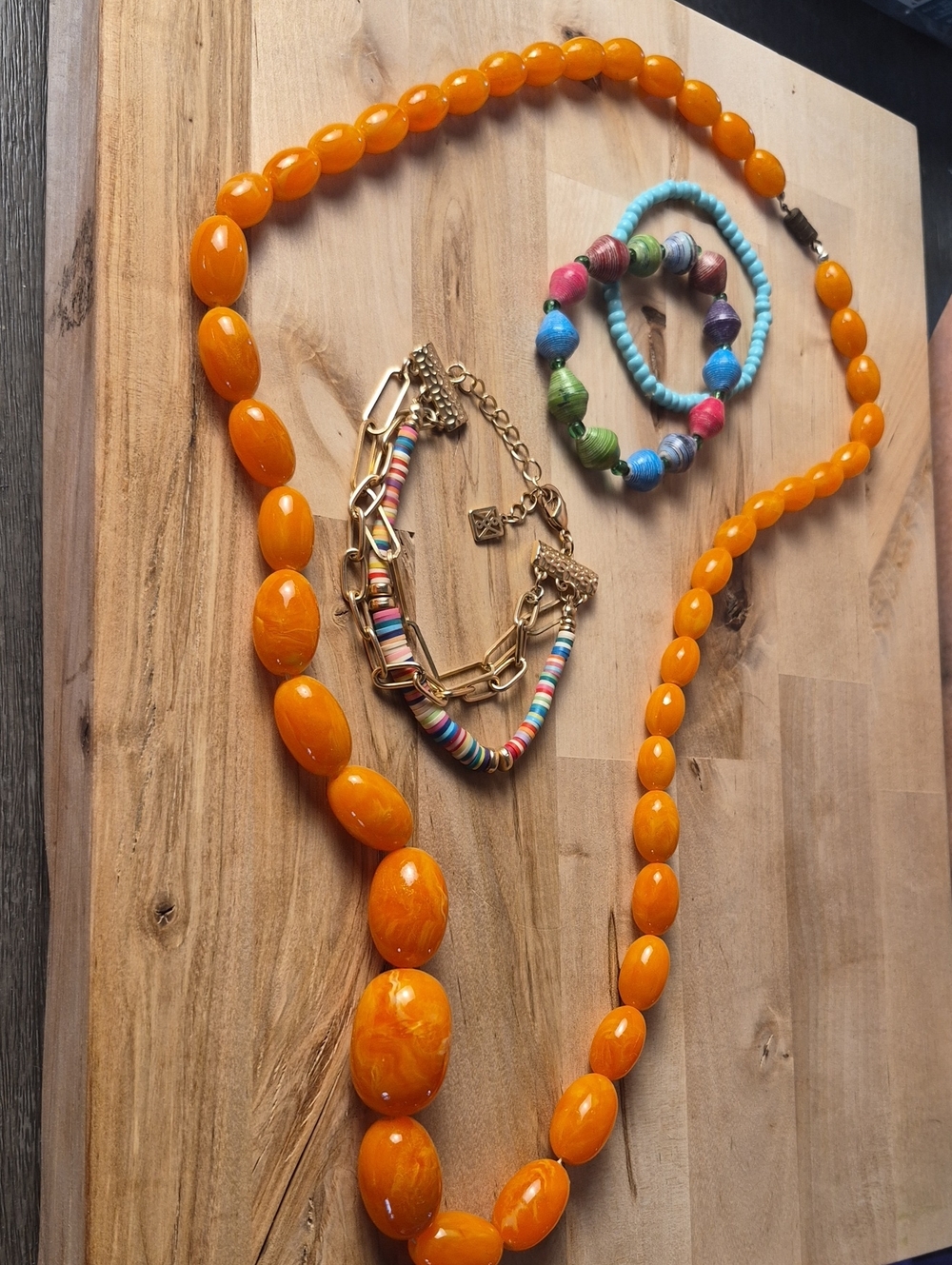 Orange Beaded Necklace and Bracelets Set